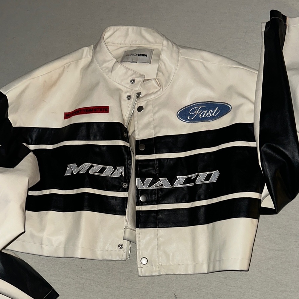 Womens Size L Fashion Nova White and Black Leather Jacket
